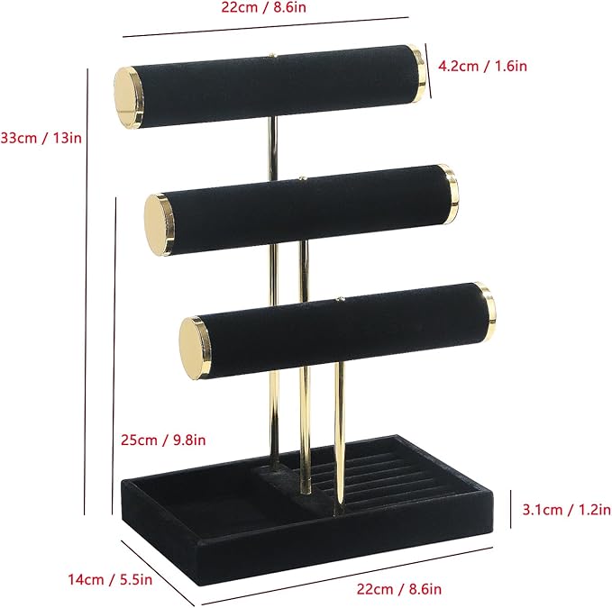 Bracelet Holder, 3 Tier Bracelet Display Holder, Detachable Velvet Jewelry Holder Organizer for Necklace, Watches, Bangle, Scrunchie (Black，3 Tier)