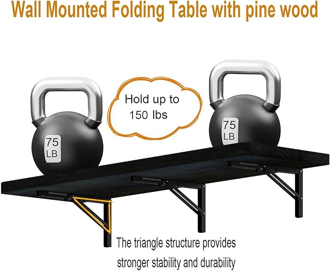 IAE Wall Mounted Folding Table with Pine Wood,55" x 16" Floating Wall Desk,Laundry Folding Table with Shelf Brackets,Fold Down Desk Shelf,Folding Workbench for Home,Dining,Laundry Room,Kitchen,Black
