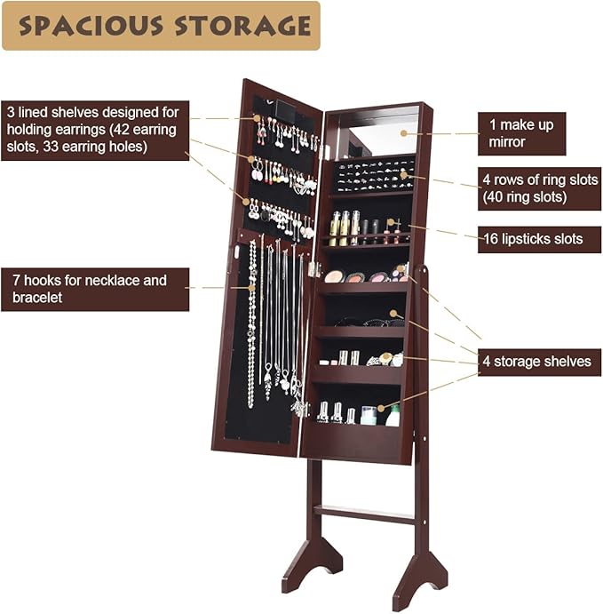 Giantex Standing Jewelry Armoire with 18 LED Lights Around the Door, Large Storage Mirrored Jewelry Cabinet with Full Length Mirror, 16 Lipstick Holders, 1 Inside Makeup Mirror (Brown)