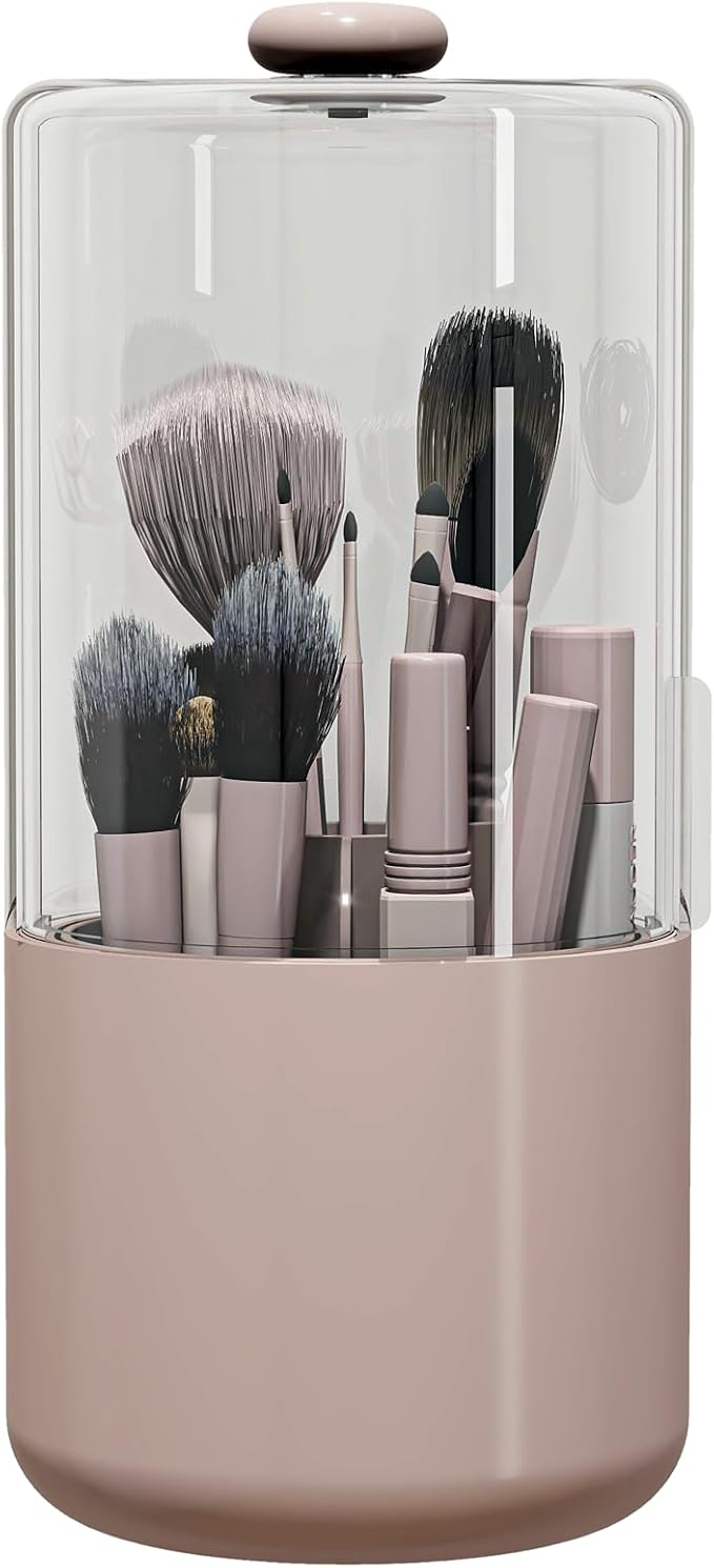 Makeup Brush Holder with Dustproof Cover, Clear 360 Rotating Make Up Brushes Organizer for Counter Vanity Bathroom, Pink