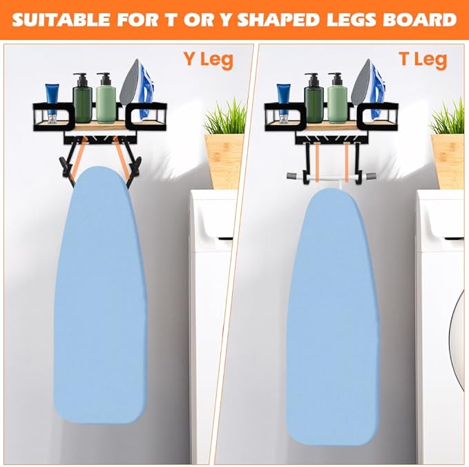 Ironing Board Holder Wall Mount, Metal Ironing Board Hanger with Shelf, T&V Shaped Space Saving Iron Holder for Laundry Room Accessories Organization