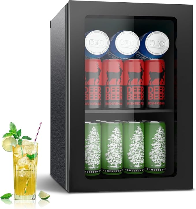 24 Can Mini Fridge - 0.9 Cu.Ft Beverage Refrigerator with Reversible for Soda Wine Beer, Adjustable Temperature Control for Home Office Bar, Black(40-61 ℉)