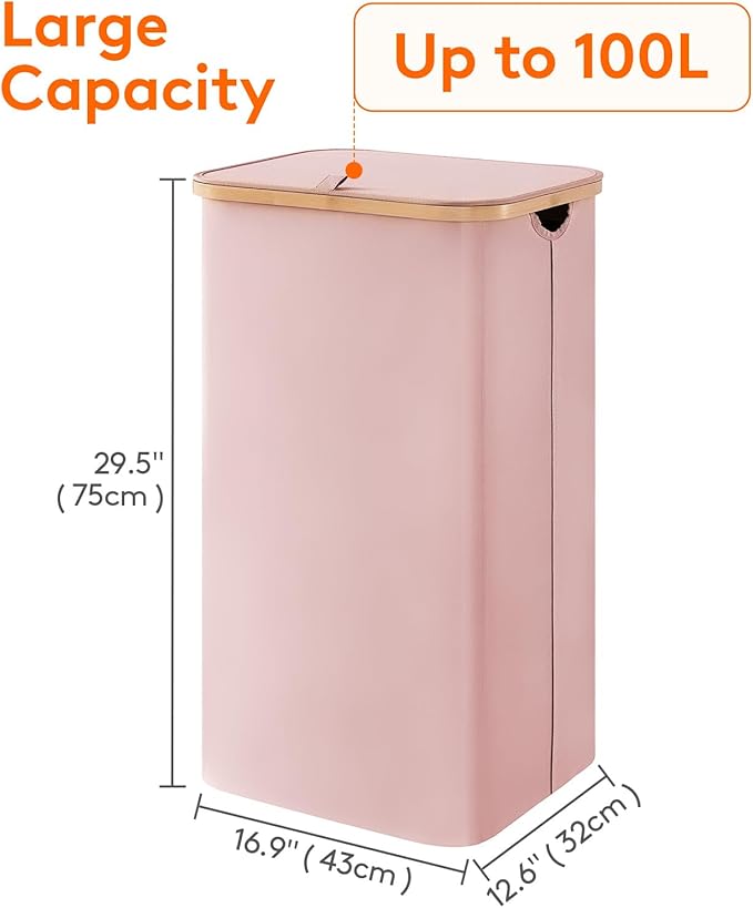 Lifewit 100L Laundry Basket with Lid, Clothes Hampers for Laundry with Bamboo Handles and A Removable Laundry Bag, Large Foldable Hamper for Bedroom, Bathroom, Dorm, Laundry Room, Pink