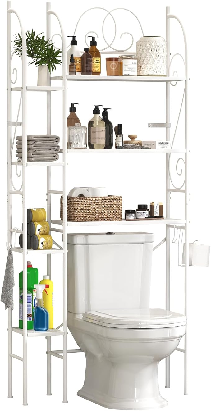 7-Tier Over the Toilet Storage Rack, Heavy-Duty Metal Bathroom Organizer with Adjustable Shelf, Toilet Paper Holder & Side Hooks, Space Saver for Small Bathrooms, Laundry Room & Apartments, White