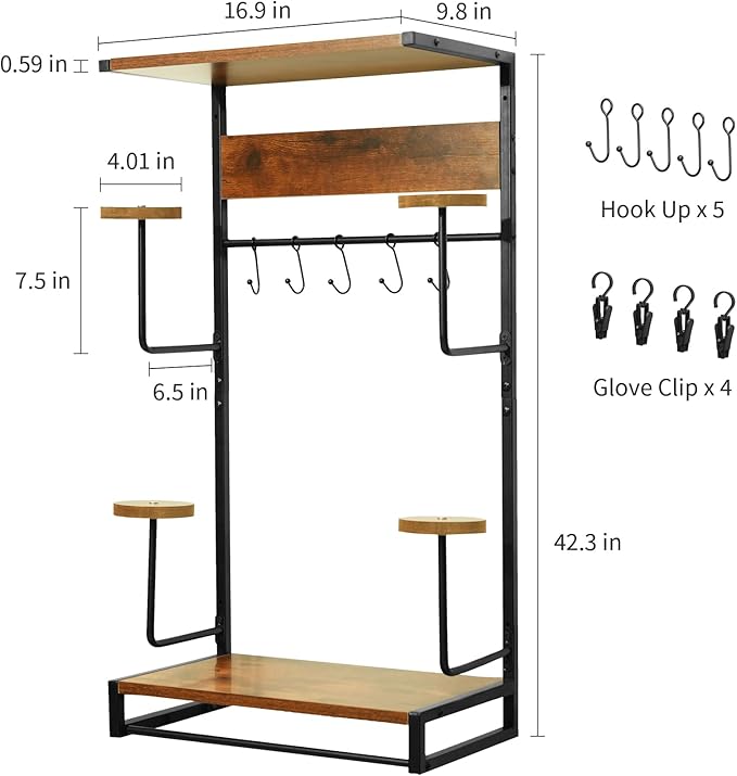 Motorcycle Helmet Rack Wall Mount, Retro Rust Helmet Holder with Wood Floating Shelf and Hooks for Storage