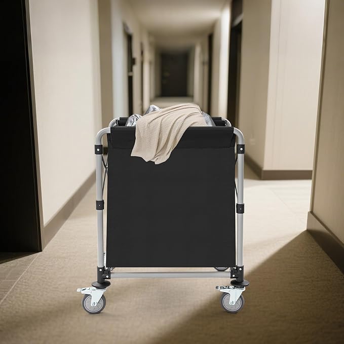 Commercial Laundry Cart with Wheels,Folding Laundry Hamper Cart,Heavy Duty Rolling Laundry Basket with Large Capacity,Laundry Sorter Trolley for Home Hotel Apartment (Black, 23.62 * 19.69 * 23.62in)