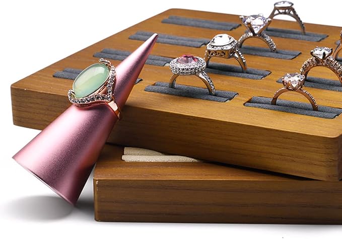 12 Grids Solid Wood Jewelry Organizer Rings Tray Jewelry Rings Showcase Display Organizer Tray (Gray)