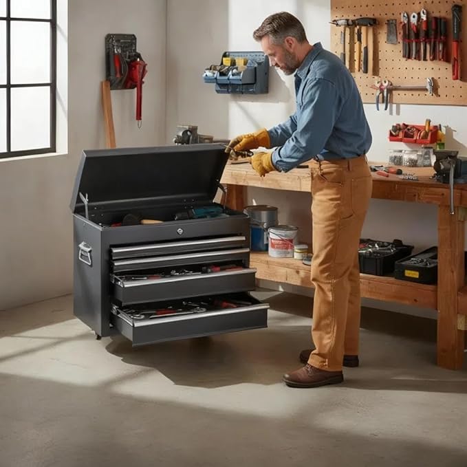 Metal Tool Box Organizer | Lockable Tool Chest | Toolbox with 5 Sliding Drawers | Large Tool Storage Box Organizer | Portable Toolchest with Keys for Garage Workshop and Tool Room | Black
