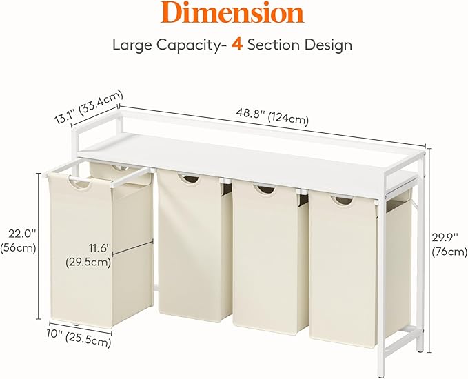 Lifewit Laundry Hamper 4 Section, 168L Pull out Laundry Clothes Basket Organizer with Large Top Shelf and 4 Removable Bags and Handles, Laundry Sorter for Laundry Room Bedroom Bathroom, White