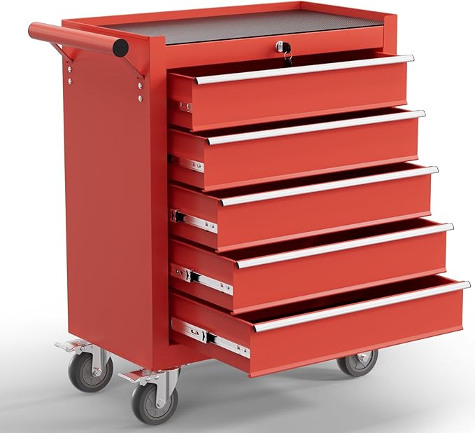 5-Drawer Tool Chest,Rolling Tool Cart with Wheels,High Capacity Tool Cabinet with Locking System for Garage, Warehouse, Workshop-Red