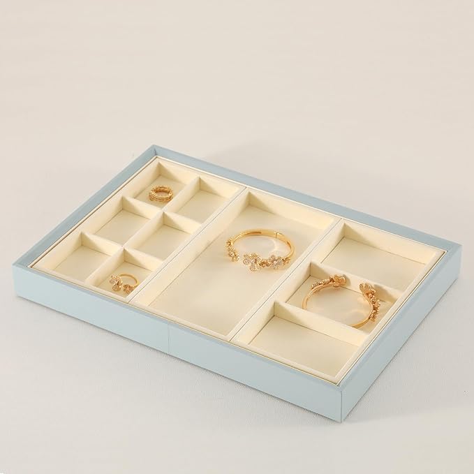 Dark Blue Jewelry Display Tray Ring Necklace Earring Bangle Organizer Multifunctional Storage Case for Jewelry Showcase (Long 3 Grids Tray(beige))