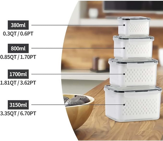 4 Pack Food Storage Containers with Lids – Refrigerator Organizer with Removable Colander & Drain Basket, Airtight Produce Saver for Fruits & Vegetables