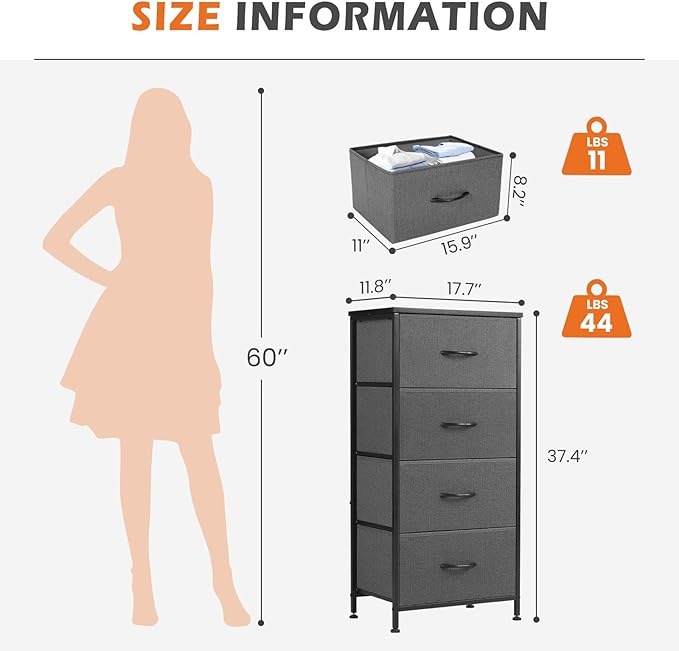 Sweetcrispy Nightstand Small Bedroom Dresser with 4 Fabric Drawers,Bed Side Furniture End Table, Wooden Top Cabinet Night Stand Dresser for Closet, Entryway, Dorm, Grey