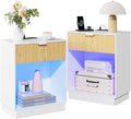 Fluted Nightstands Set of 2 with Charging Station & Built-in LED Lights, Bedside Tables with Wave Pattern Drawer & Open Shelf, Safe for Kids, Bedroom Storage