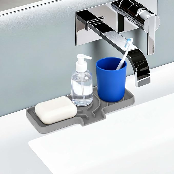 Silicone Sponge Holder for Kitchen Sink With Drain Spout, Self Draining, Kitchen Soap Tray, Bathroom Organizer, Sink Caddy, Perfect for Dispenser, Scrubber, Bottle, Cup on Counter-Grey 10"×4"