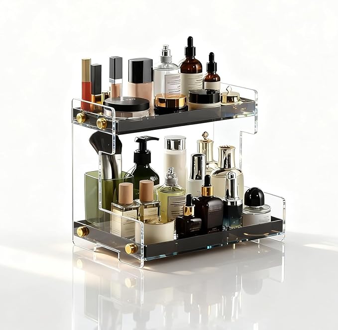 NEWRAIN 2-Tier Bathroom Organizer Countertop for Cosmetics, Makeup, Vanity Holder for Lipstick, Black Cabinet Storage