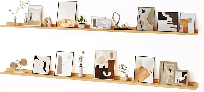 Floating Picture Ledge Shelves for Wall Set of 2, 84 Inches Picture Ledge Shelf with Long Large Nursery Book Shelf for Toys Storage Kids Bookshelf Wall Mounted Living Room Bedroom Decor Frames, Oak