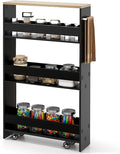 Slim Rolling Storage Cart, 4 Tier Narrow Kitchen Cart with Wheels, Between Washer and Dryer Cart, Wood Shelving Unit Organizer w/Handle for Small Spaces (Black, 5-Inch)