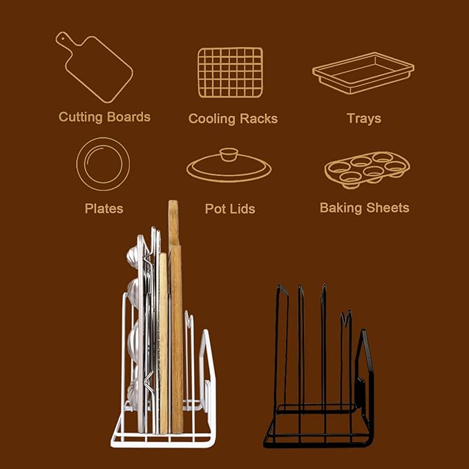 SUNFICON Cutting Board Rack Chopping Board Organizer Pot Pan Lids Holder Thin Bakeware Baking Tray Drying Display Stand Kitchen Countertop Cupboards Cabinet Office Sturdy Metal 4.92x5.7x8.47 in.White