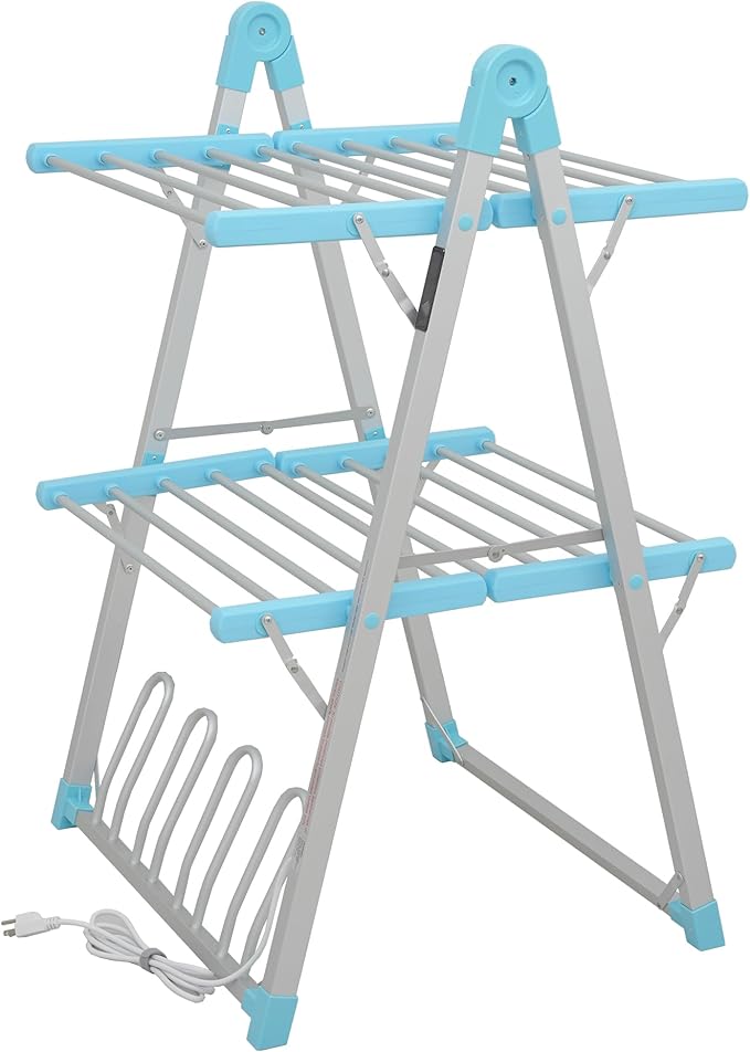 Electric Heated Clothes Drying Rack,Foldable Heated Garment Dryer with Timer Shut-Off Laundry Rack for Clothes Shoes Socks,Aluminum Alloy,Blue,Plug & Play,(39.37x25.98x23.82in)