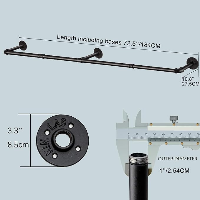 Industrial Pipe Clothes Rack with 3 Hooks, 72’'L Wall Mounted Garment Rack, Heavy Duty Iron Garment Bar, Clothes Hanging Rod Bar for Laundry Room, Max Load 135Lb Black (3 Base)