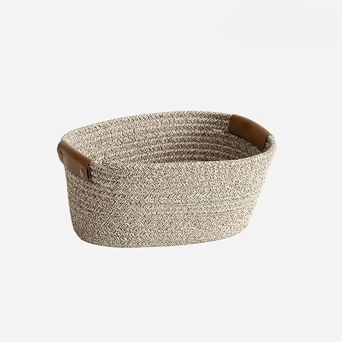 Medium Cotton Woven Basket with PU Leather Handle, Baby Kids Clothes Toys Candy Gifts Cotton Rope Organizer, Living Room Bathroom Shower Storage Laundry Basket, Dog Cat Bed, Cute Decor, Coffee
