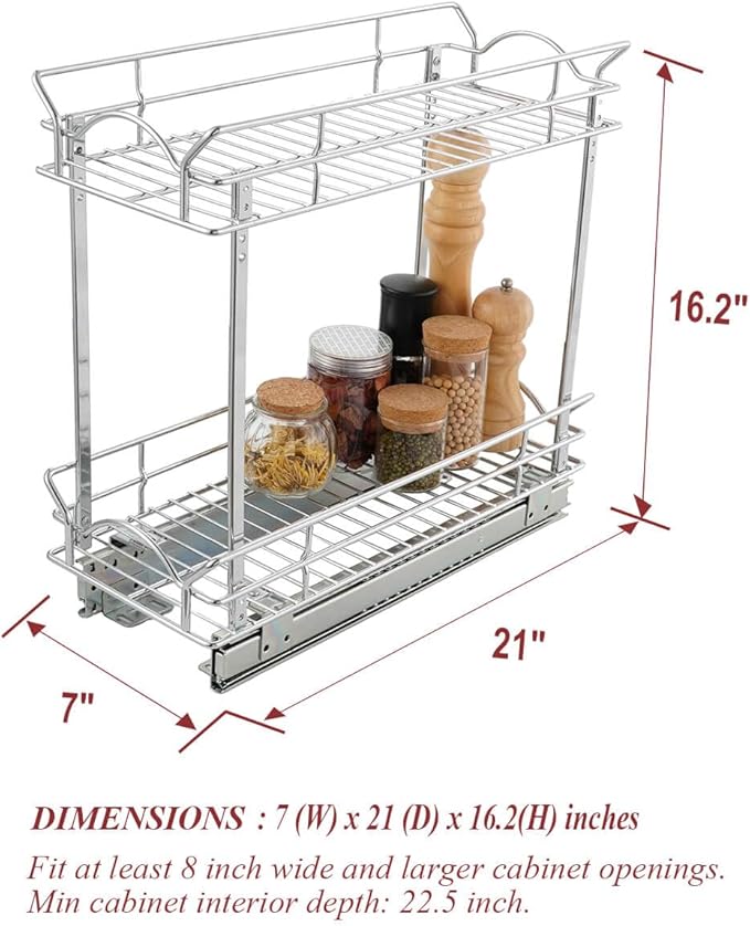 OCG Slide Out Cabinet Organizer for Narrow Cabinet (7" W X 21" D), 2 Tier Pull Out Shelves Slim Sliding Cabinet Organizer and Storage, Chrome