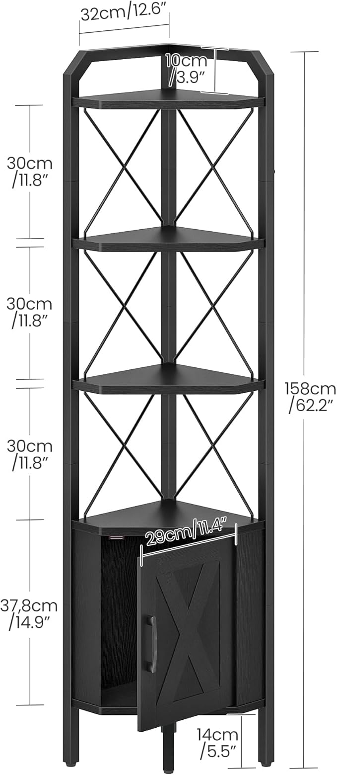 62.2" Corner Shelf with Cabinet, 4-Tier Tall Corner Bookshelf with X-Shaped and Diamond Design, for Living Room, Bedroom, Bathroom Storage, Black
