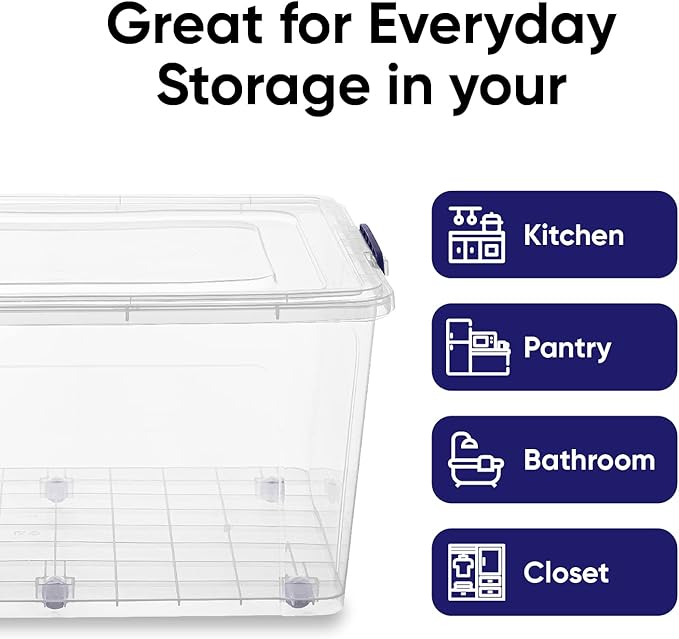 Superio Storage Bins with Lids- Clear Boxes for Organizing, Stackable Plastic Containers- BPA Free, Non-Toxic, Odor Free, Organizer for Home, Office, Dorm (6 Pack, 85 Qt (Wheeled))