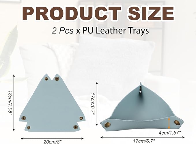 uxcell 2 Pcs Valet Tray for Women and Men, PU Leather Jewelry Tray Entryway Table Bedside Nightstand Catchall Storage Organizer for Jewelry Key Coin Watch Wallet (Triangle, Sky Blue)