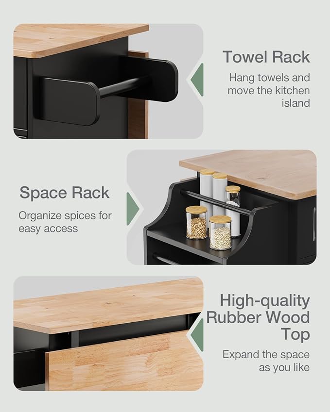 Kitchen Island with Storage, Kitchen Cart on 5 Universal Wheels, Mobile Kitchen Island with Rubber Wood Top and Side Rack (Black)