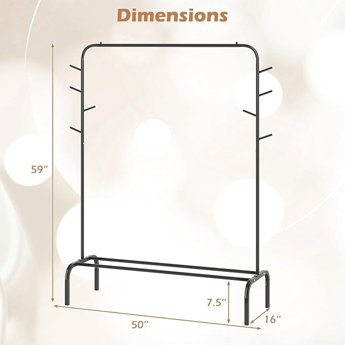 Giantex Clothes Rack for Hanging, 50" Wide Freestanding Garment Rack with Hanging Rod, 8 Hooks & Storage Shelf, Heavy-duty Metal Clothing Racks Wardrobe Organizer for Bedroom, Entryway, Laundry