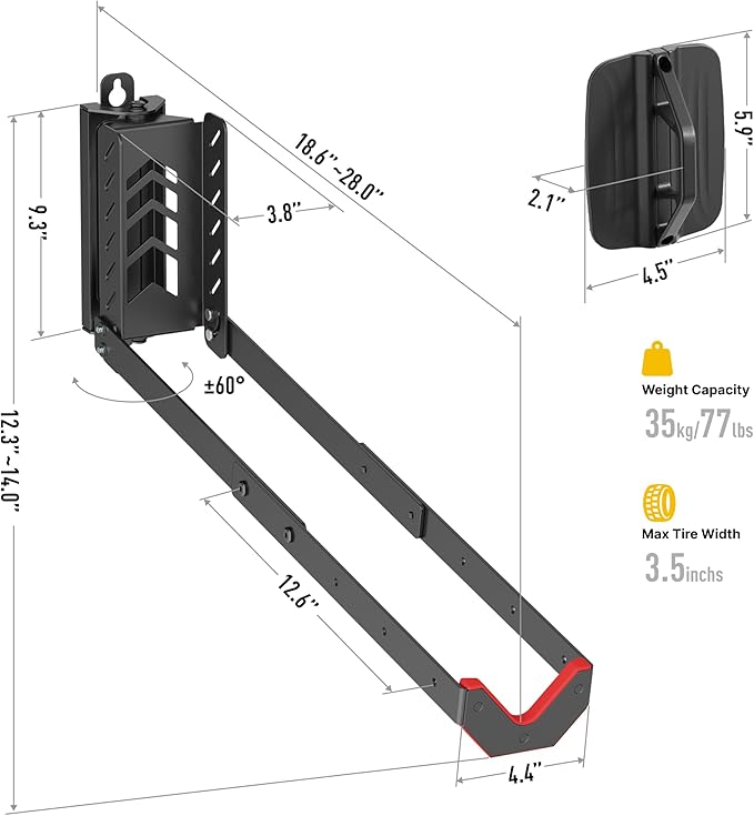 monTEK Swivel Bike Wall Mount, No Heavy Lifting Required Bike Wall Mount, Bike Hangers for Garage, Space-Saving Bike Rack Garage, Easy to Load and Unload, Bike Hanger Can Hold Up to 77 lbs, 4 Pack