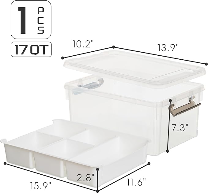 17 Quart Plastic Storage Box with Removable Tray Caddy Clear Art Supply Craft Organizers Playroom Container Organizer with Lid for Bead Crayon Tool Sewing Playdoh