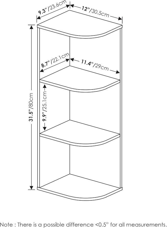 Furinno PASIR Book Shelf, 3-Tier Corner Bookshelf, Open Shelves Bookcase 9.3 x 12 x 31.5, for Living Room, Bedroom, Home Office, Blackwood