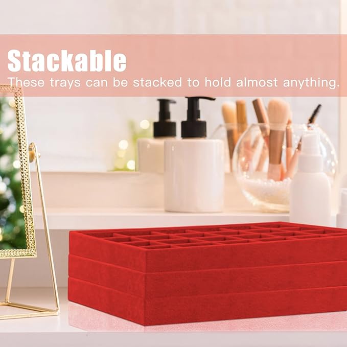 Rocutus Jewelry Trays,3 Pack Stackable Velvet Jewelry Organizer Tray Drawer Jewelry Storage Tray,Divided Ring Organizer Tray for Earrings, Necklaces, Bracelets,13.8"x9.5"x1.2" (Red)