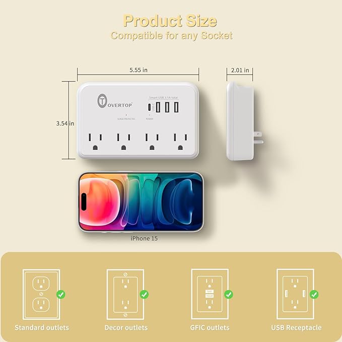 Overtop Wall Outlet Extender Surge Protector with 4 AC Outlets, 4 USB Ports(1 USB C) Multi Plug Expander Charger for Home, Dorm, Classroom, Travel