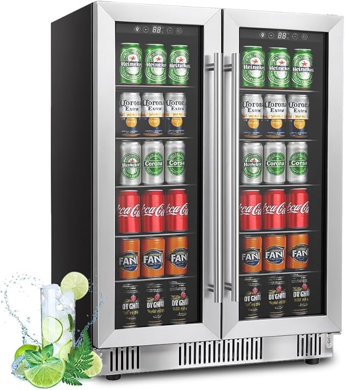 Wine and Beverage Refrigerator, Dual Zone Beverage Cooler Under Counter with Glass Door&LED Light, 42 Bottles and 176 Cans Large Capacity for Beer Soda Drink, Built-In or Freestanding Fridge