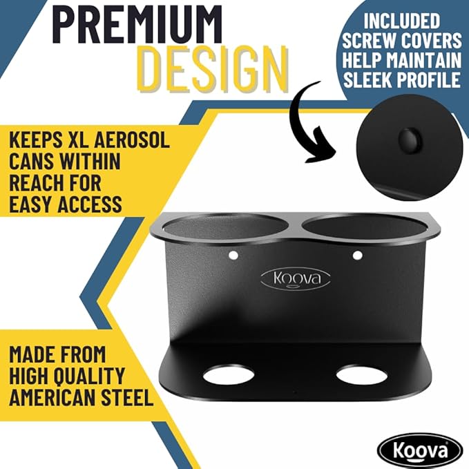 Koova X-Large Spray Can Rack - Fits 2 XL Aerosol Spray Cans, Heavy Duty Steel Wall Mount Organizer, Metal Utility Shelf for Home or Garage, Universal Fit, Paint Storage, Hardware Included, Made in USA