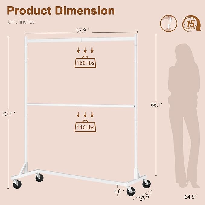 Hoctieon Double Rod Clothes Racks with Z-Base, Adjustable Clothing Rack, Standing Clothes Rack, Metal Clothing Racks for Hanging Clothes, Rolling Garment Rack, White