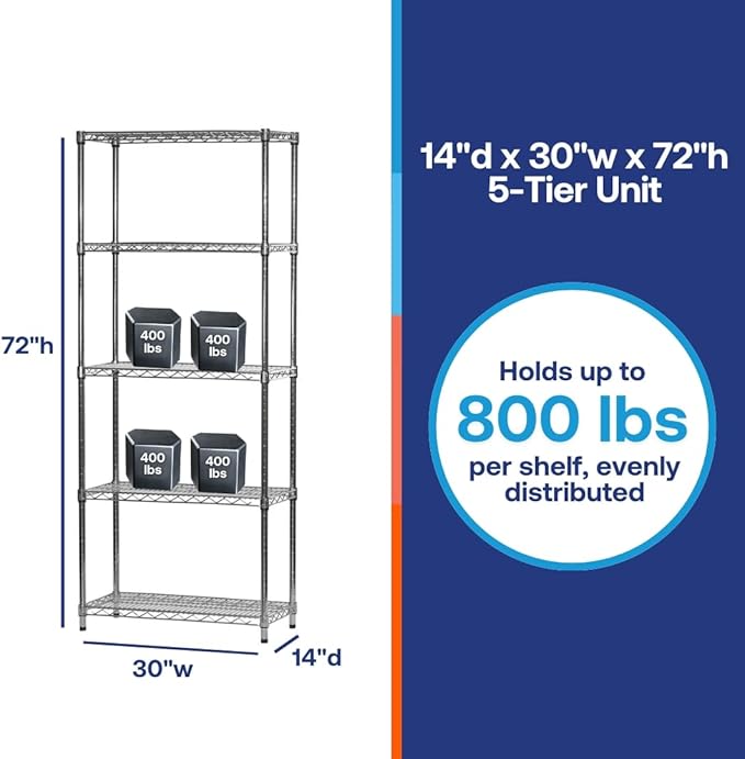 Shelving Inc. 14"d x 30" w x 72" h Chrome Wire Shelving with 5 Tier Shelves, Weight Capacity 800lbs Per Shelf