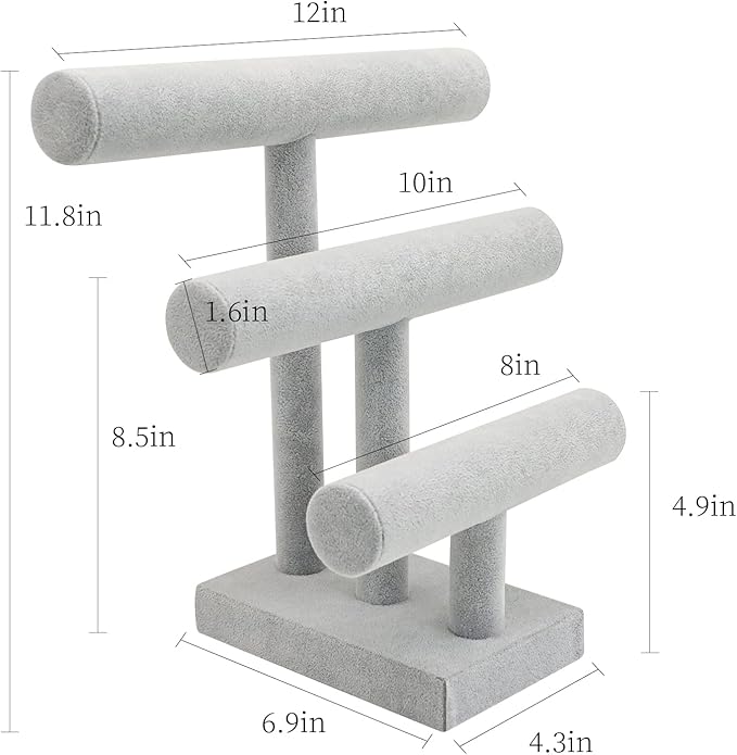 Wudygirl Ice Velvet Bracelet Display Stand with 3 Tier T-Bar Removable Bangle Holder Organizer for Bracelet Necklace Watch Hair Ties(Ice Velvet)