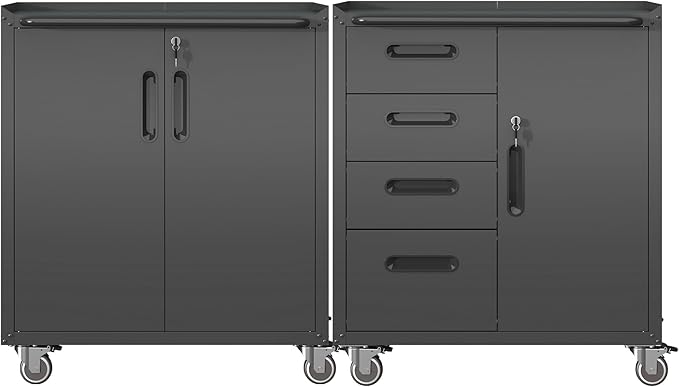 Metal Tool Cabinet,Garage Storage Cabinet System,Wall Cabinet & Locking Rolling Tool Cabinet with Doors and Adjustable Shelves,Steel Tool Cabinets for Home (2 Pcs-Styled, Black)