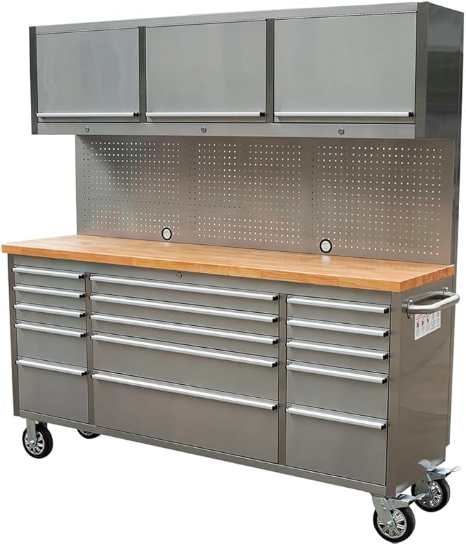 72 inch 15 Drawers Tool Chest with 3 Up Cabinet & Pegboard in Stainless Steel (Stainless Steel)