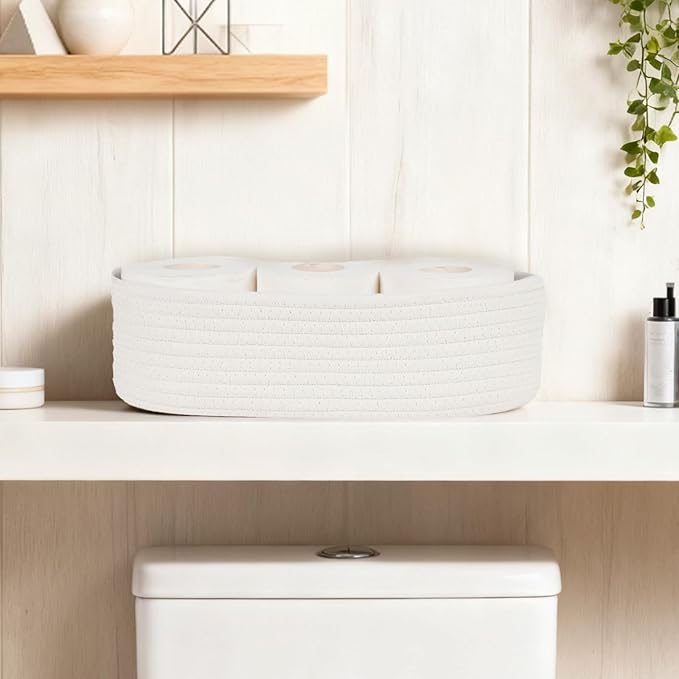 Temary Bathroom Organizer Bin, Toilet Paper Rope Baskets with Handles, Set of 2 Small Foldable Storage Bin for Toilet Tank Top Boho, Narrow Rectangle Baskets for Organizing (White, 13x5.9x3.9)