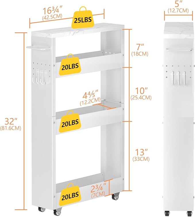 Slim Storage Cart, 4-Tier Kitchen Rolling Cart Narrow Storage Cabinet with Handle & Wheels, Metal Rolling Shelf Unit for Kitchen Bathroom Laundry Small Places(5 in Width/White)