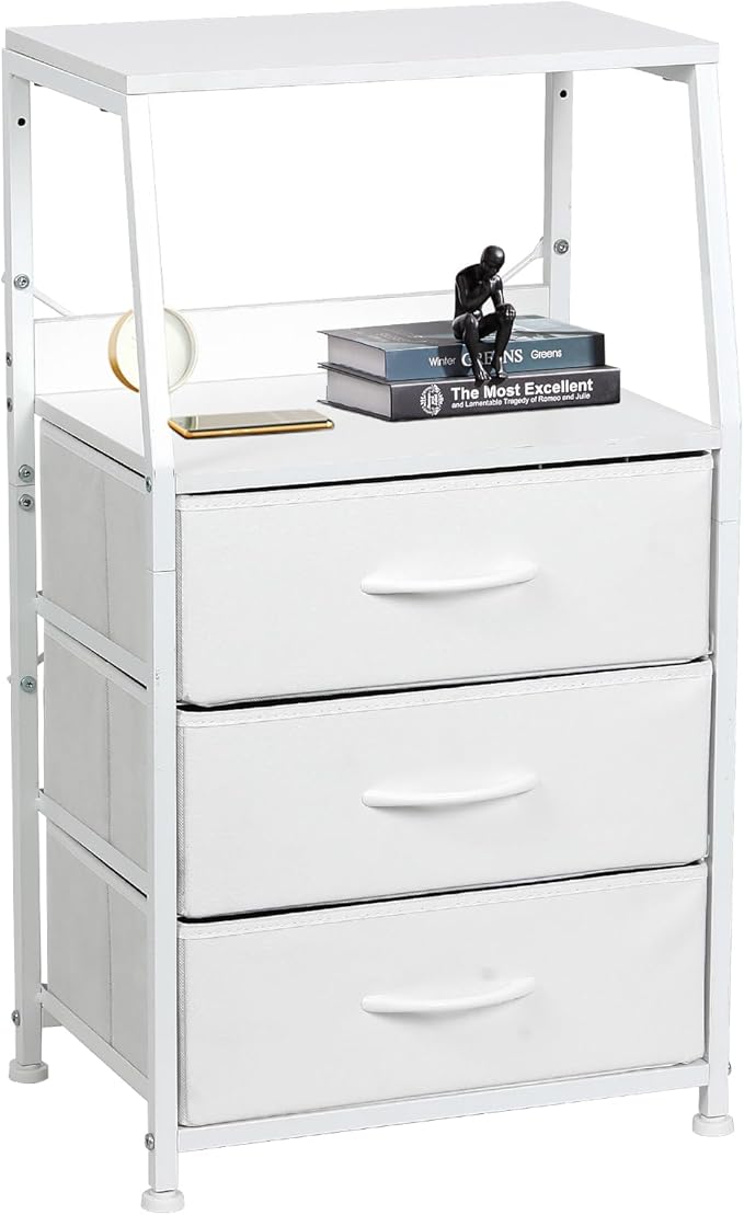 Dresser for Bedroom, Fabric Nightstand Tall Dresser & Chests of Drawers with 3 Drawers, Vertical Organizer Storage Tower Unit for Bedroom, Hallway, Entryway White