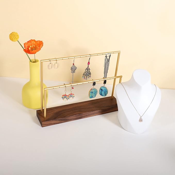 GemeShou wooden earring holder organizer for girls, walnut stud earring display stand for boutique store, jewelry storage organizer shelf【Walnut stand-Two Tiers】