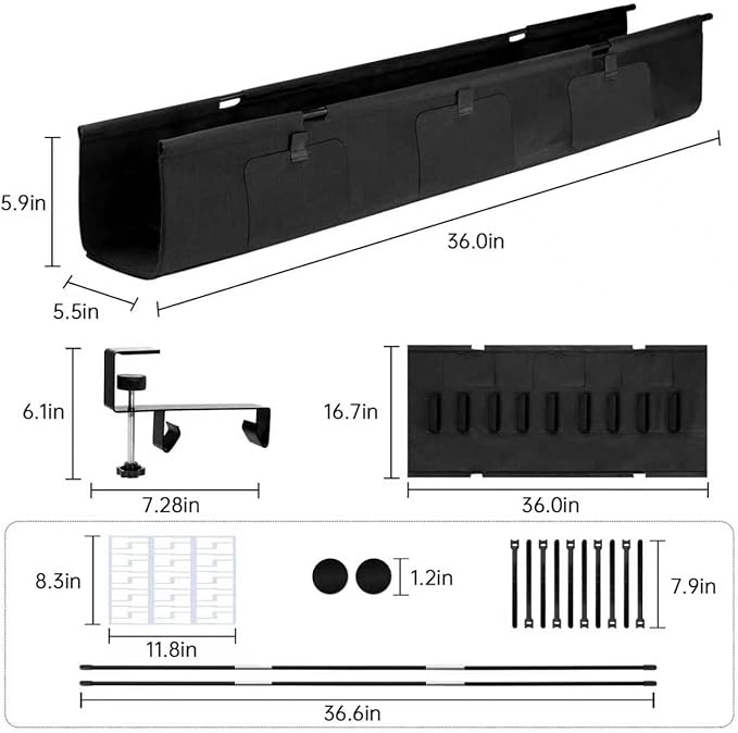 Under Desk Cable Management Tray, 36" No Drill Standing Desk Cable Organizer, Fabric Tray for Power Strips, Adapters & Cables, Black