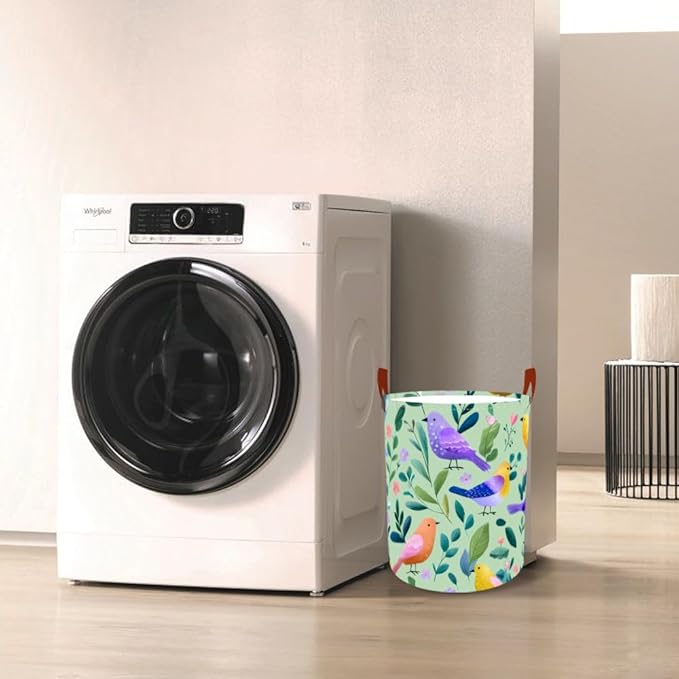 Laundry Baskets 15.7x19.7 Inch Large Colorful Birds Leaves Floral Design Collapsible Laundry Hamper with Handles Oxford Fabric Clothes Storage Bin Foldable Dirty Clothes for Bedroom Bathroom Dorm
